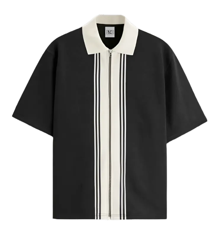 Black Zipper Striped Polo Shirt