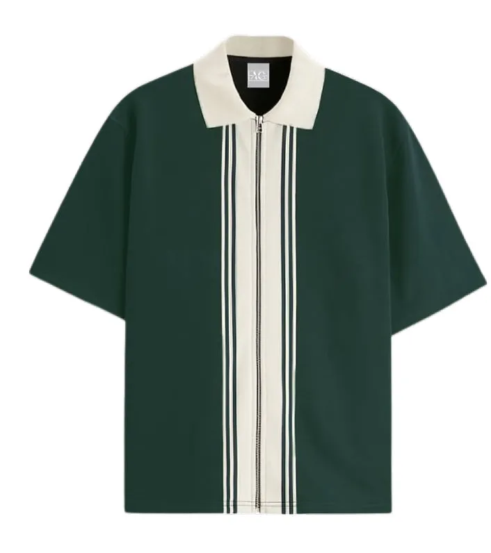 Bottle Green Zipper Striped Polo Shirt
