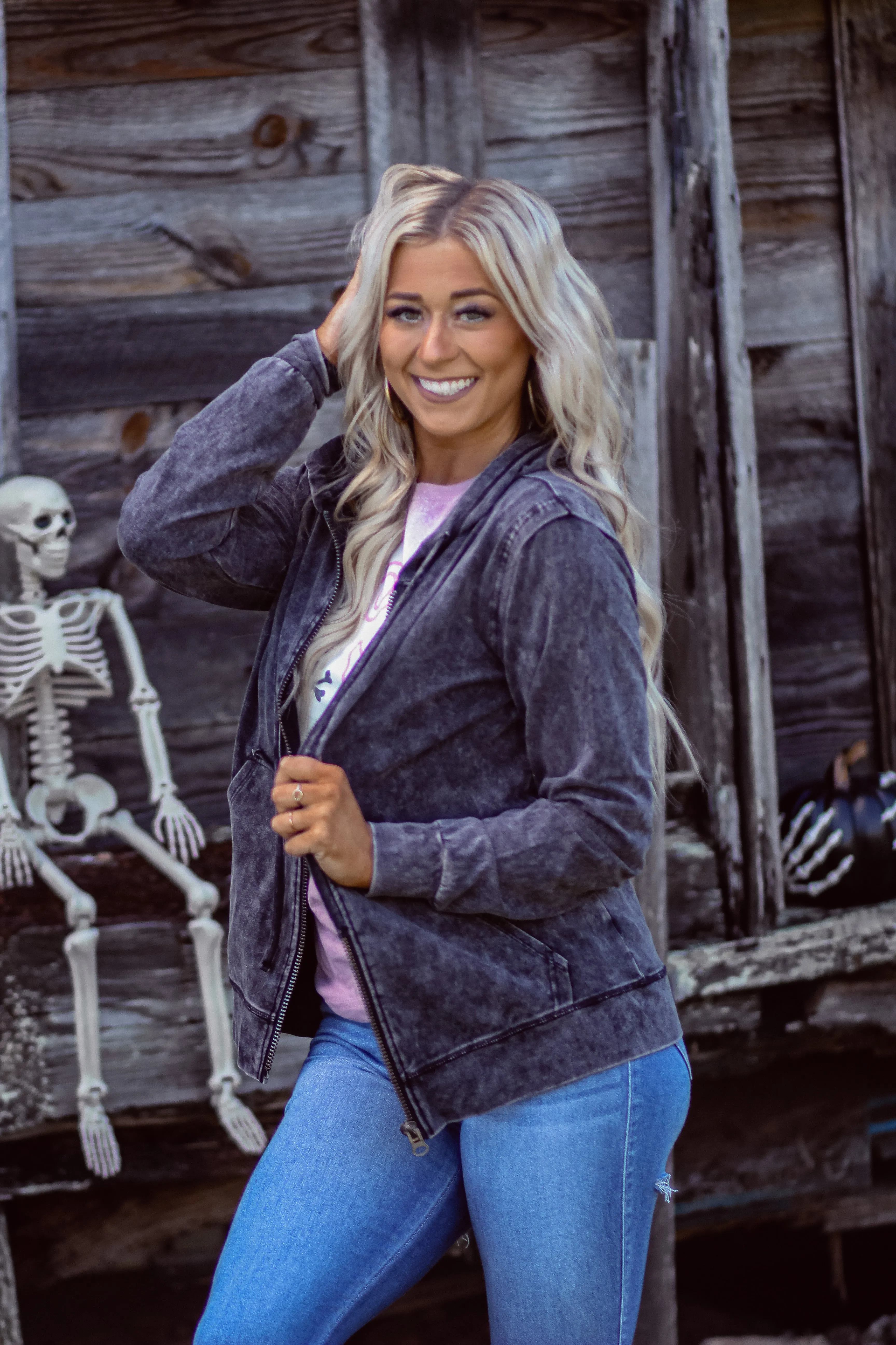 Charcoal Mineral Washed Zip Up Hooded Jacket In Regular & Curvy