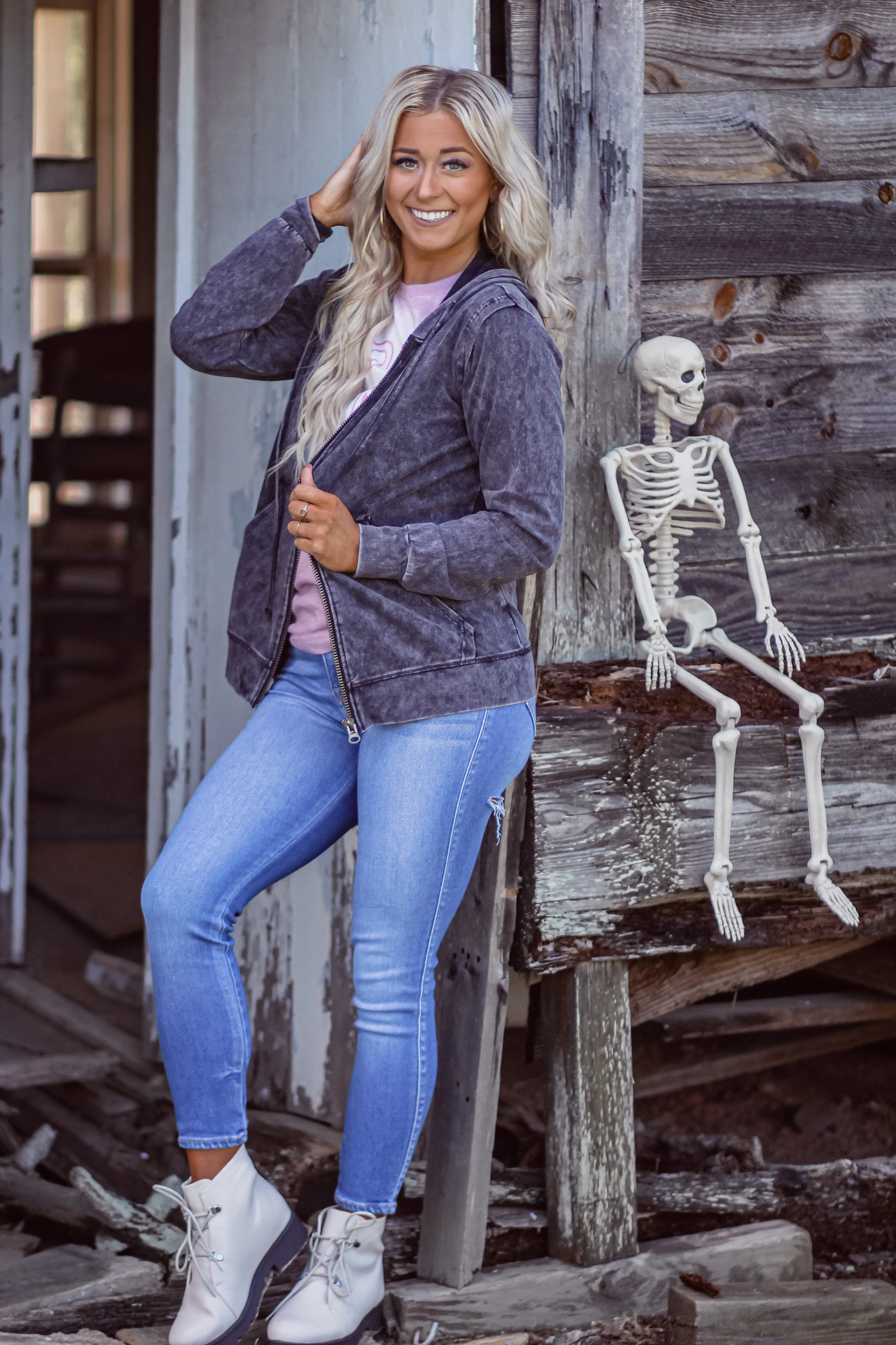 Charcoal Mineral Washed Zip Up Hooded Jacket In Regular & Curvy