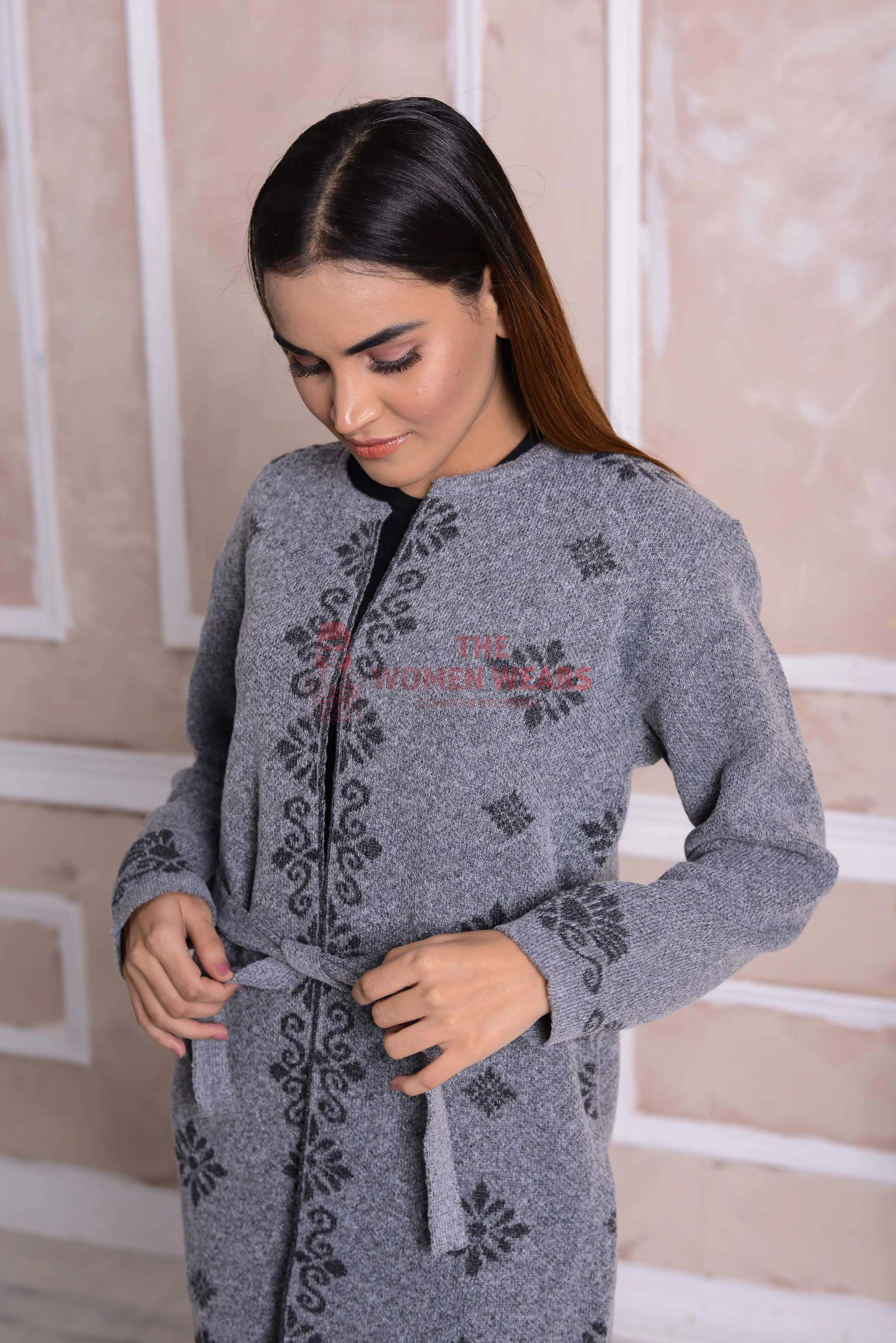 Imported Front Open Regent Grey Cozy Belted Cardigan Sweater - (CGN34)