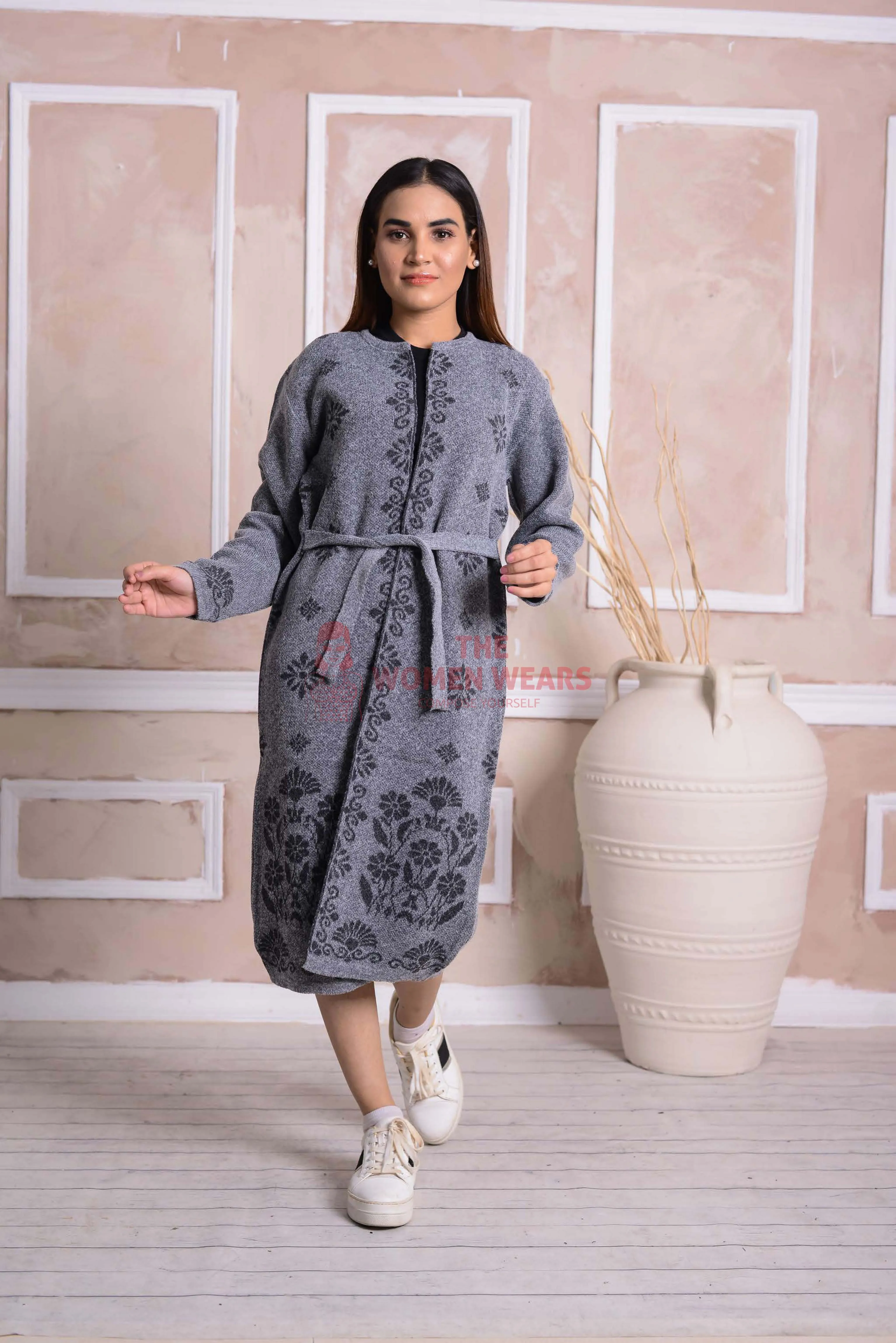 Imported Front Open Regent Grey Cozy Belted Cardigan Sweater - (CGN34)