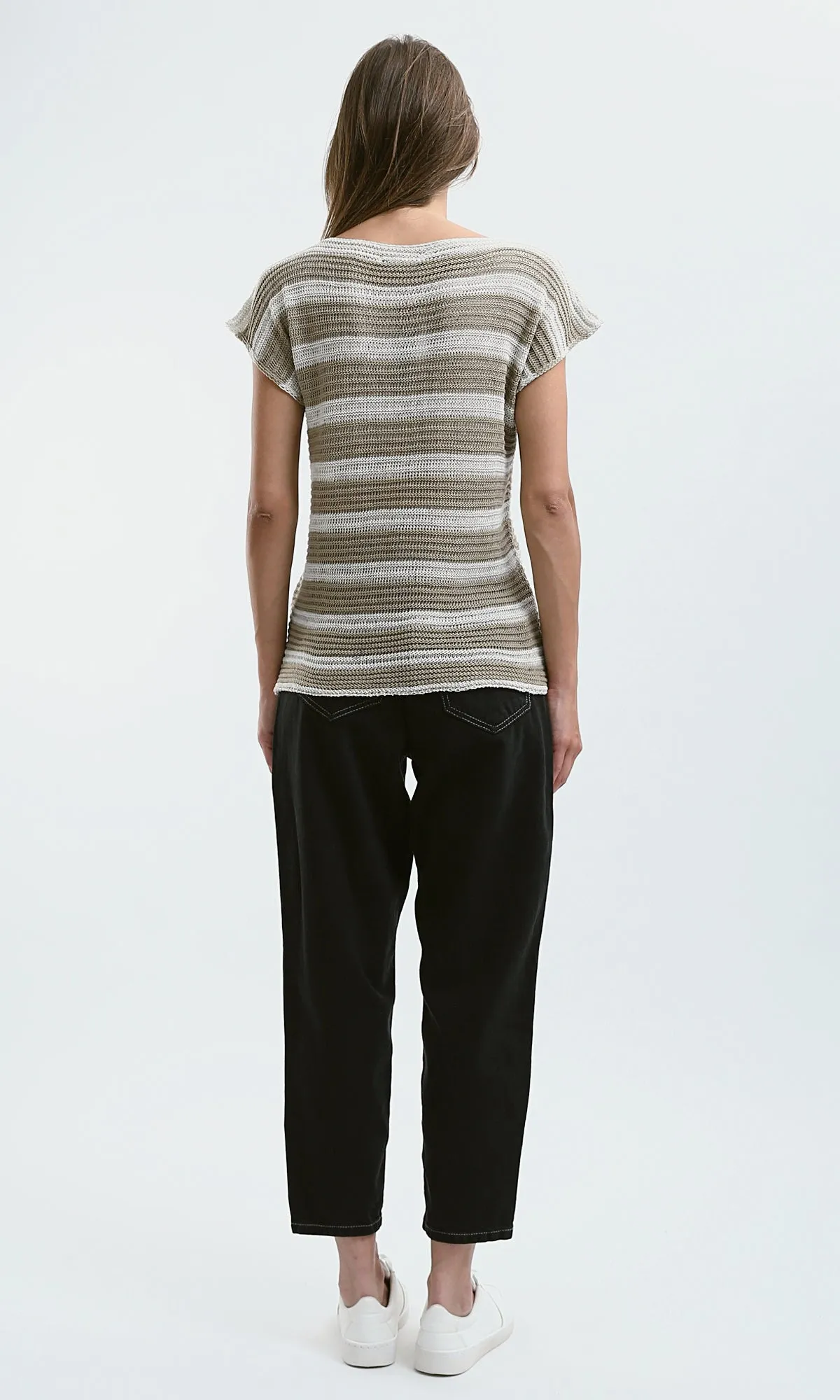 O182711 Striped Beige & White Knitted Short Sleeves Top