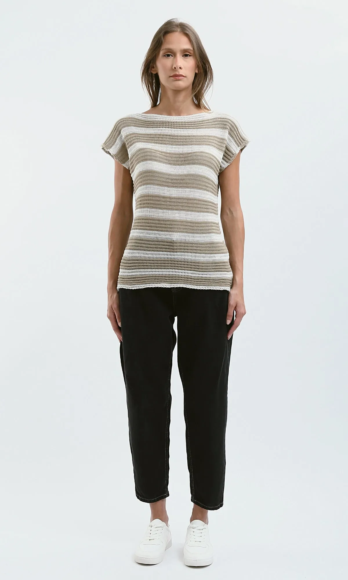 O182711 Striped Beige & White Knitted Short Sleeves Top