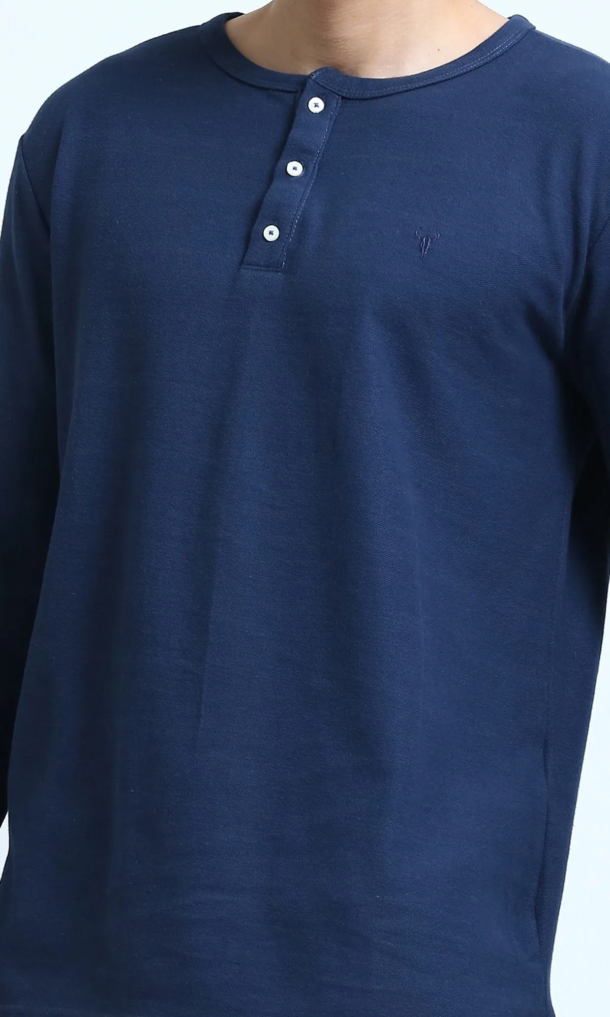O200711 - Long Sleeves Henley Round Neck Tee - Blue