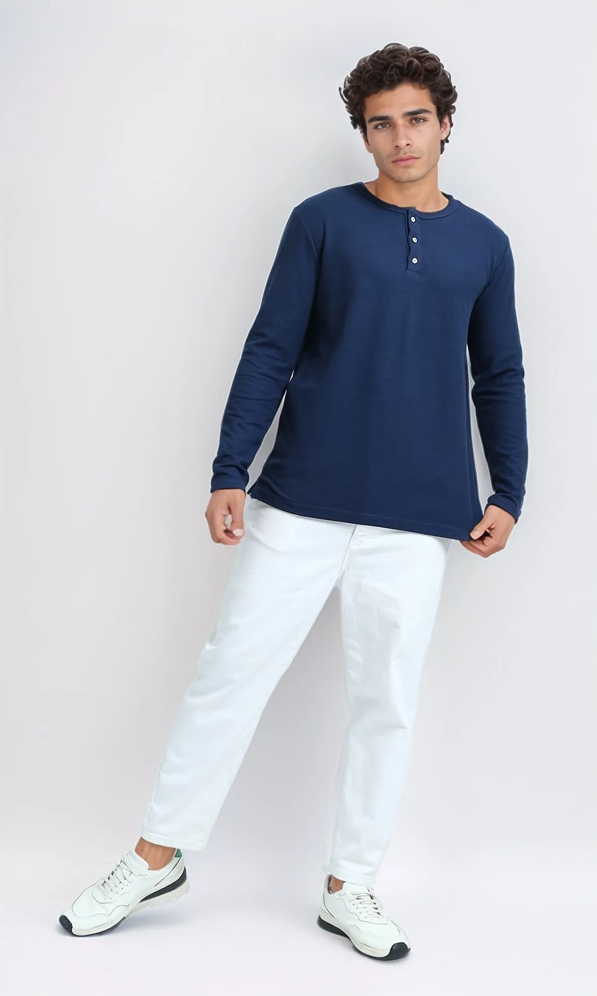 O200711 - Long Sleeves Henley Round Neck Tee - Blue
