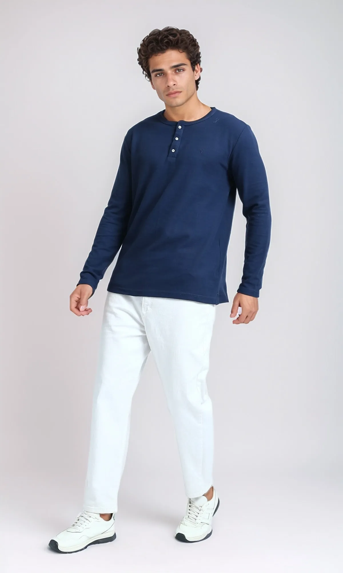O200711 - Long Sleeves Henley Round Neck Tee - Blue