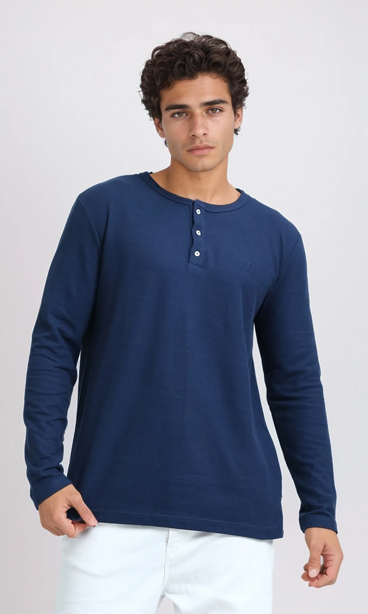 O200711 - Long Sleeves Henley Round Neck Tee - Blue