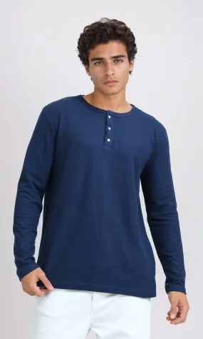 O200711 - Long Sleeves Henley Round Neck Tee - Blue