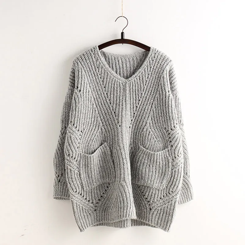 Pocket Loose Knit Cable Hollow Solid Color Sweater      S3047