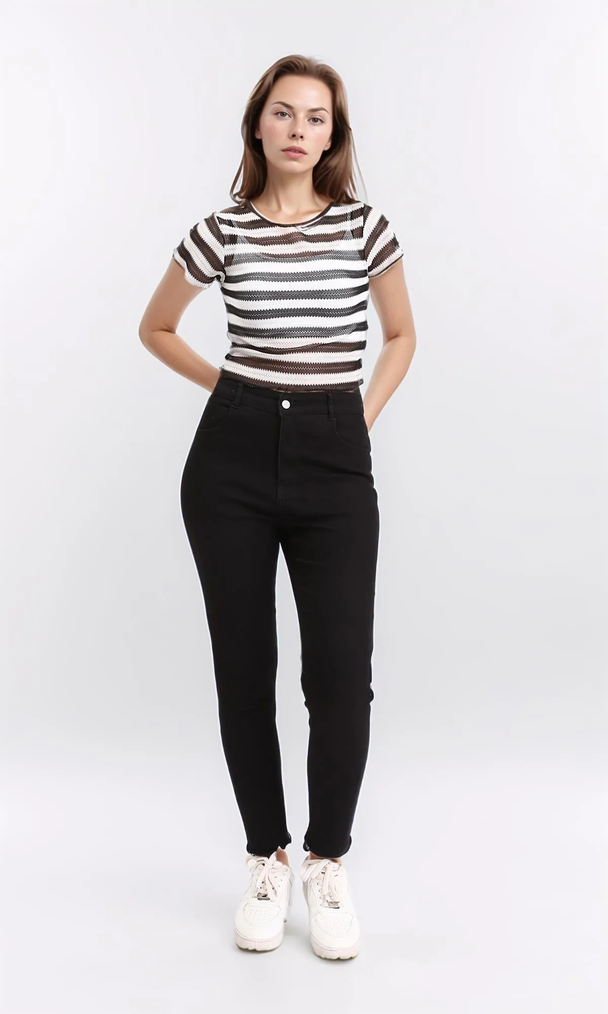R210515 - Short Sleeves Striped Sheer Top - Black & White