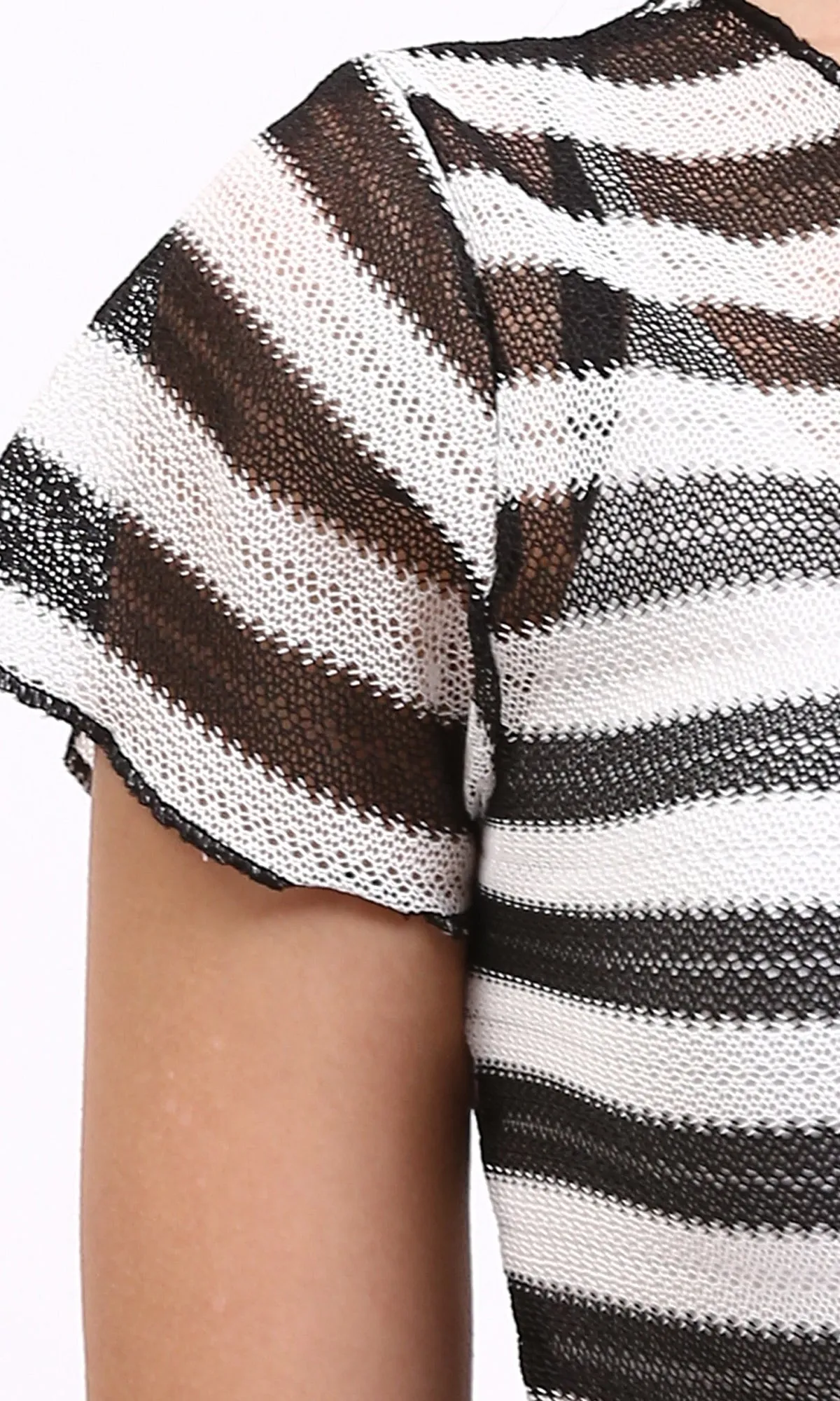 R210515 - Short Sleeves Striped Sheer Top - Black & White