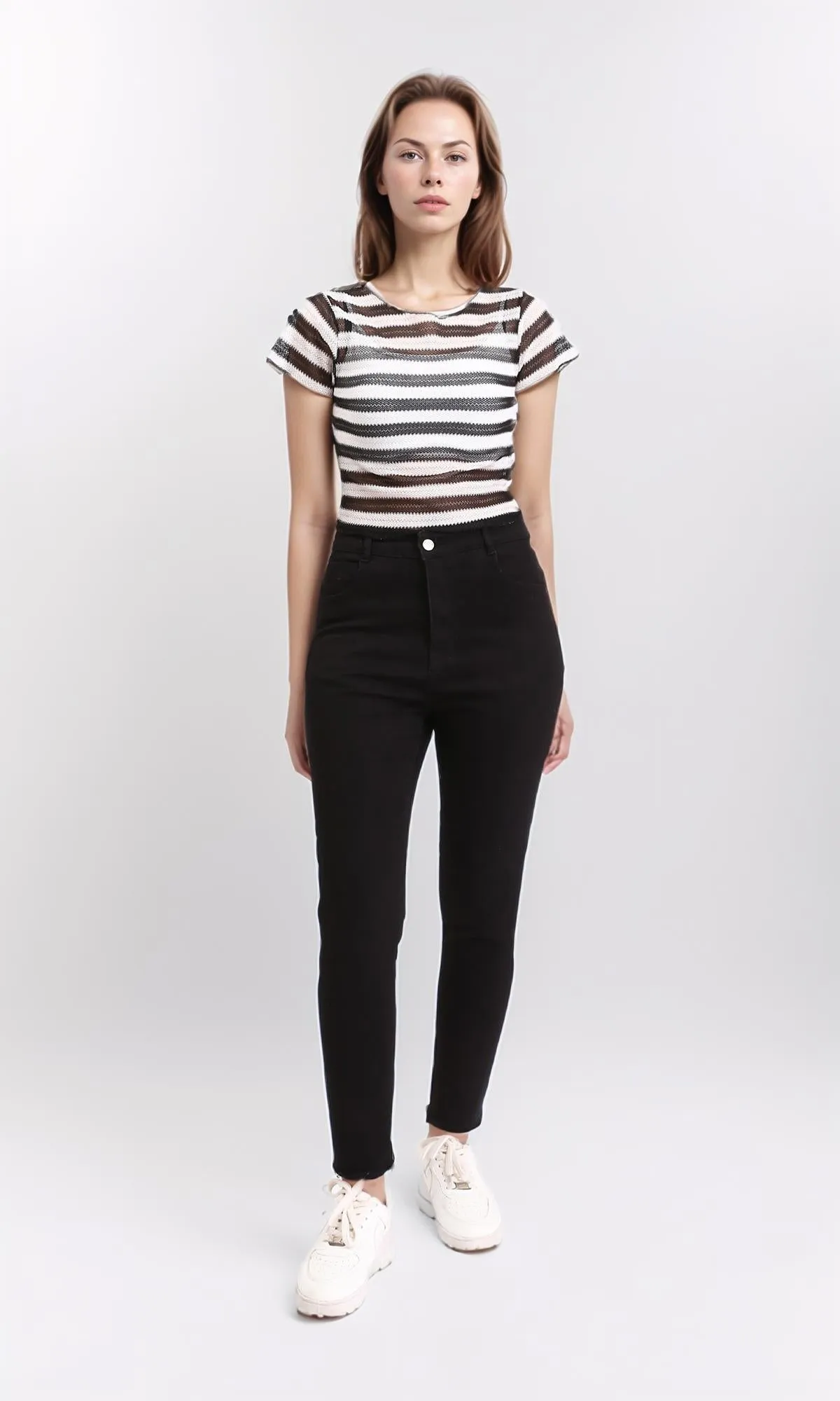R210515 - Short Sleeves Striped Sheer Top - Black & White