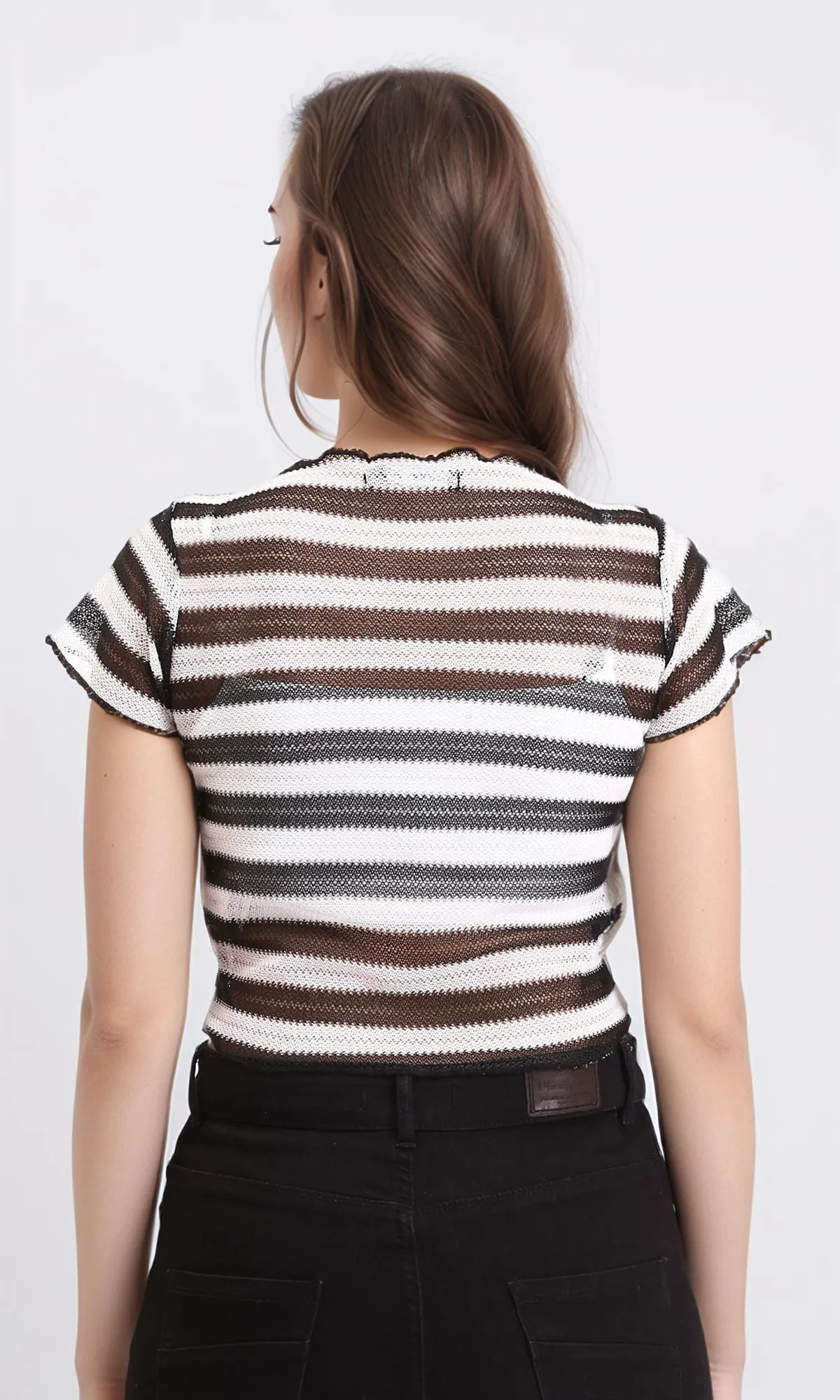 R210515 - Short Sleeves Striped Sheer Top - Black & White