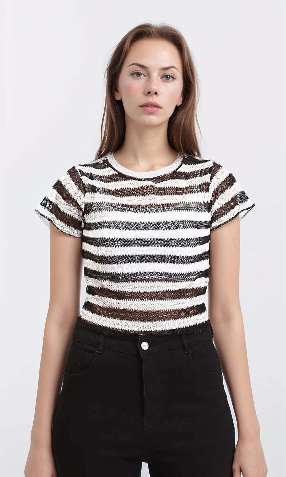 R210515 - Short Sleeves Striped Sheer Top - Black & White