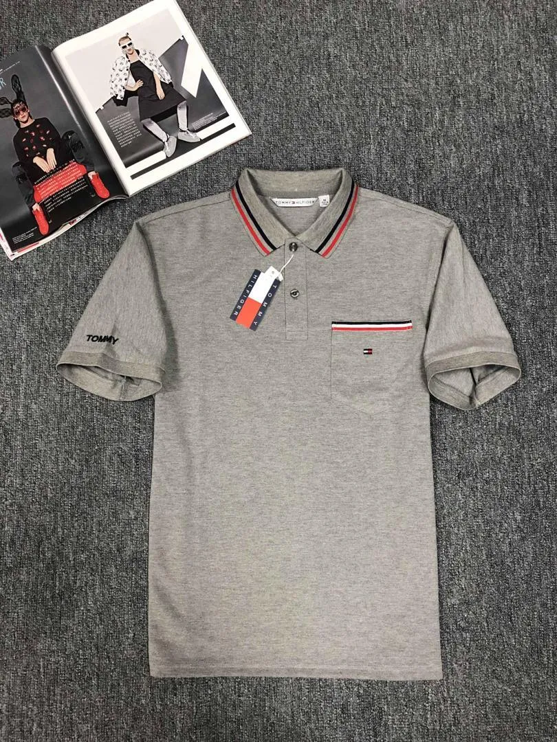 Tommy Hilfiger Custom Fit Crested Design Plain Grey with Striped Collar