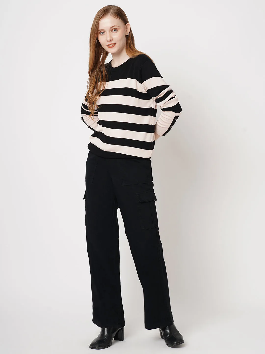 Women Striped Slim Fit BLACK/BEIGE Tshirts