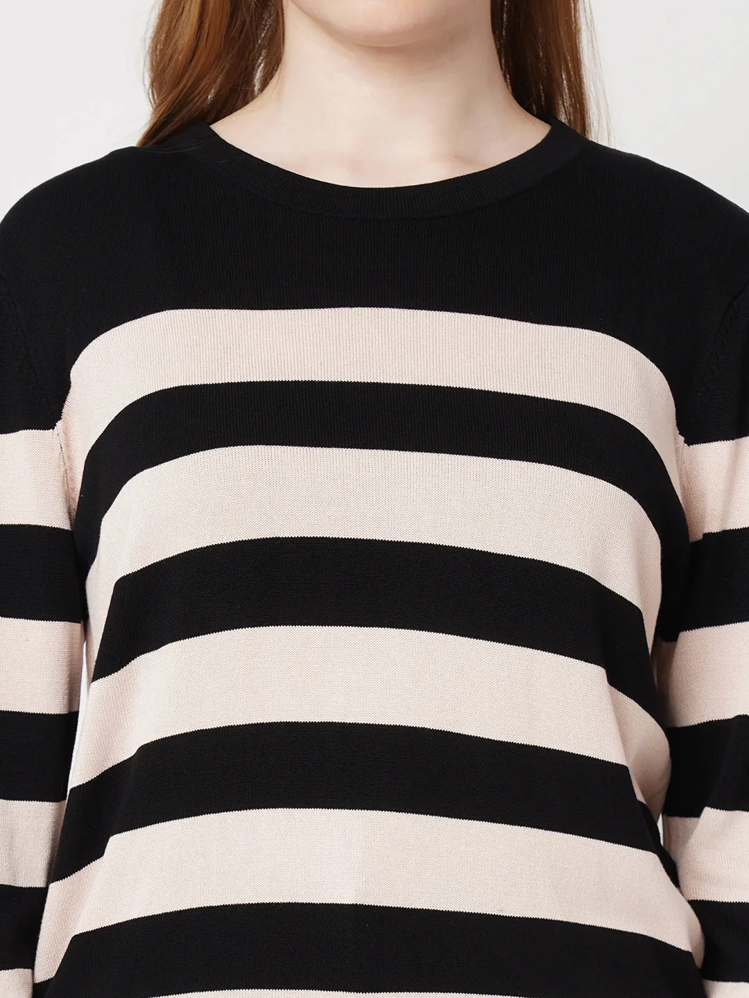 Women Striped Slim Fit BLACK/BEIGE Tshirts