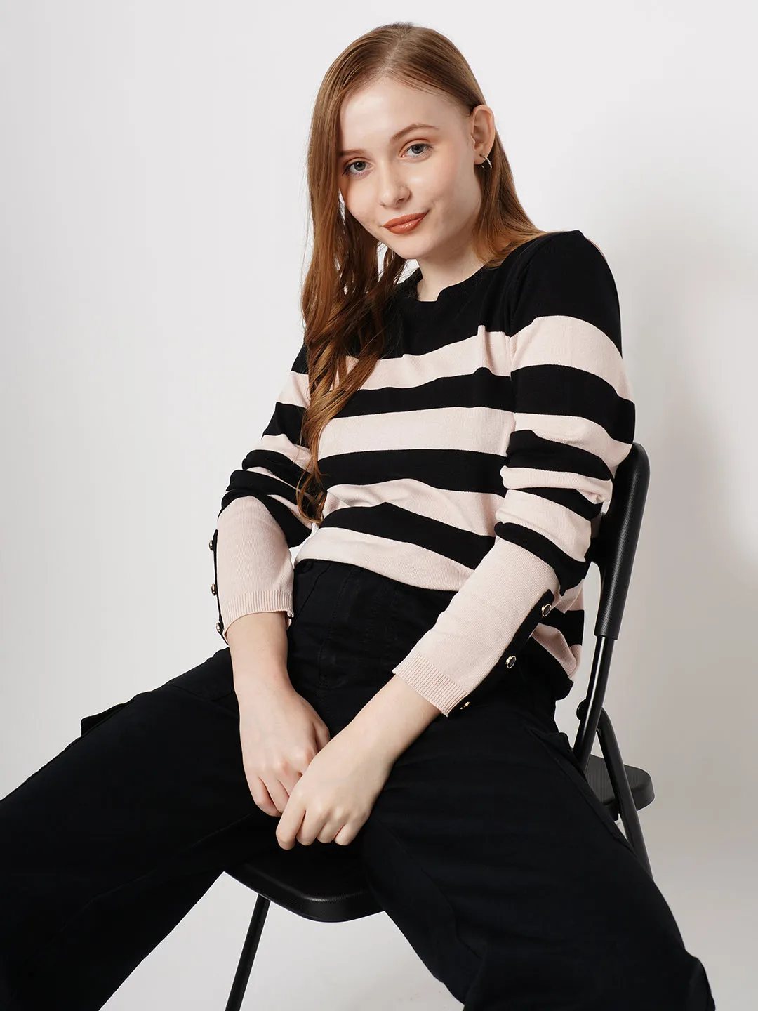 Women Striped Slim Fit BLACK/BEIGE Tshirts