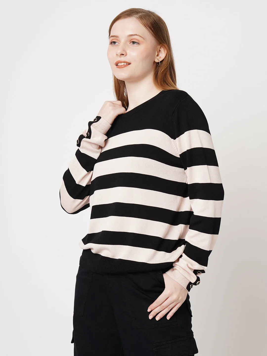 Women Striped Slim Fit BLACK/BEIGE Tshirts