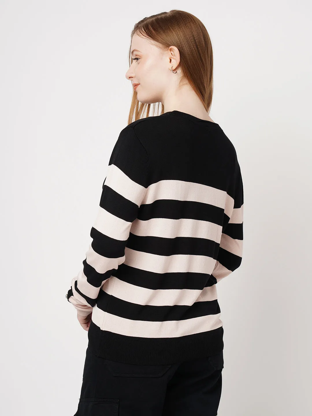 Women Striped Slim Fit BLACK/BEIGE Tshirts