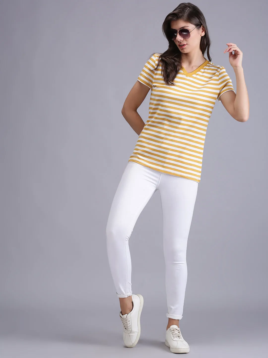 Women Yellow Striped Crew Neck T-shirt