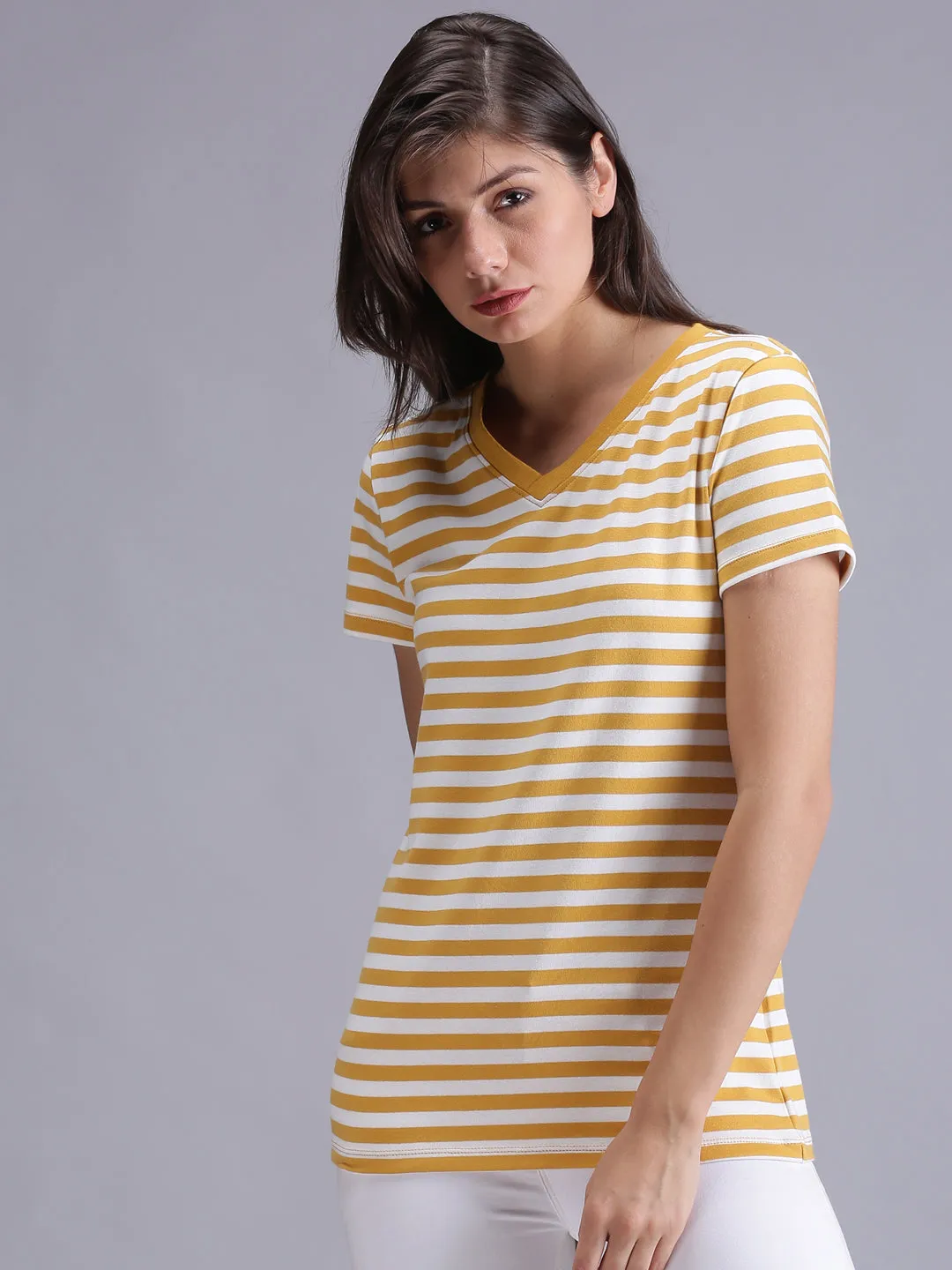 Women Yellow Striped Crew Neck T-shirt