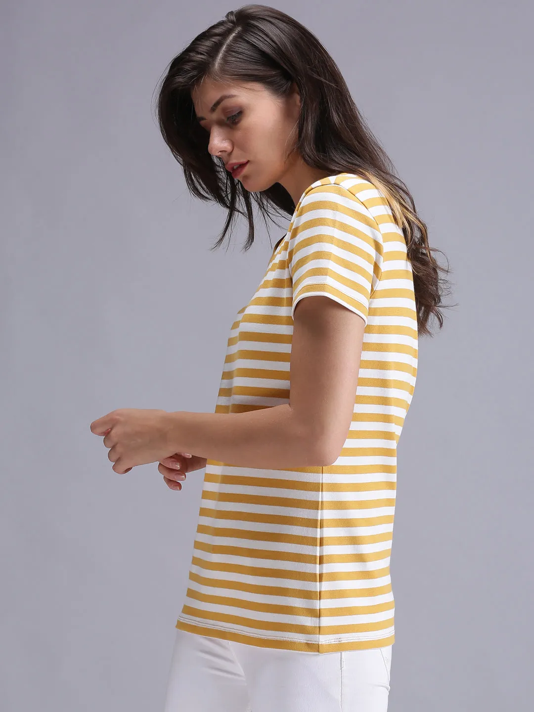 Women Yellow Striped Crew Neck T-shirt