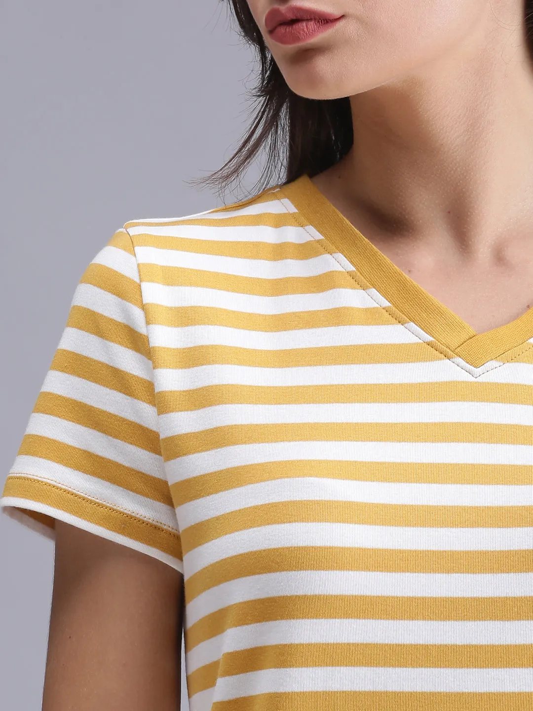 Women Yellow Striped Crew Neck T-shirt