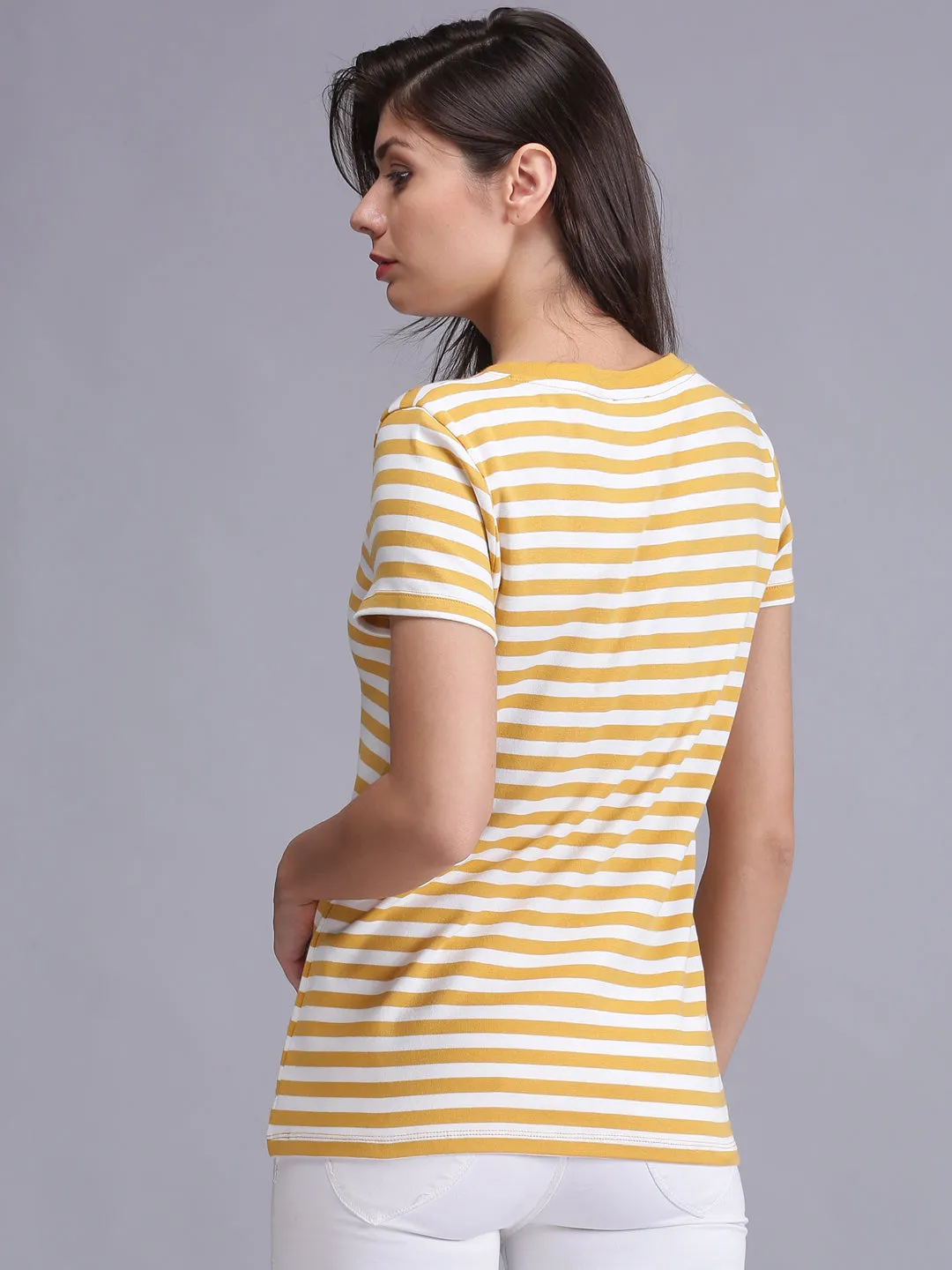 Women Yellow Striped Crew Neck T-shirt