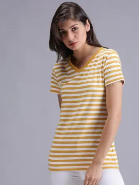 Women Yellow Striped Crew Neck T-shirt