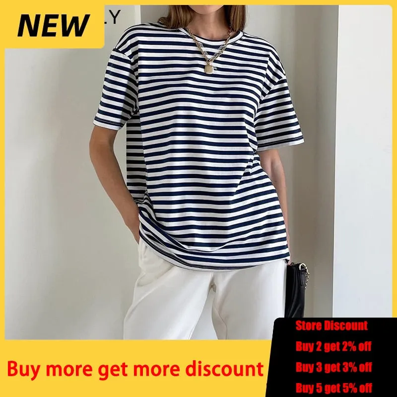 WOTWOY Summer Short Sleeve Striped T-Shirts Women Knitted Basic Casual Tops Female Cozy Loose Cotton Tees