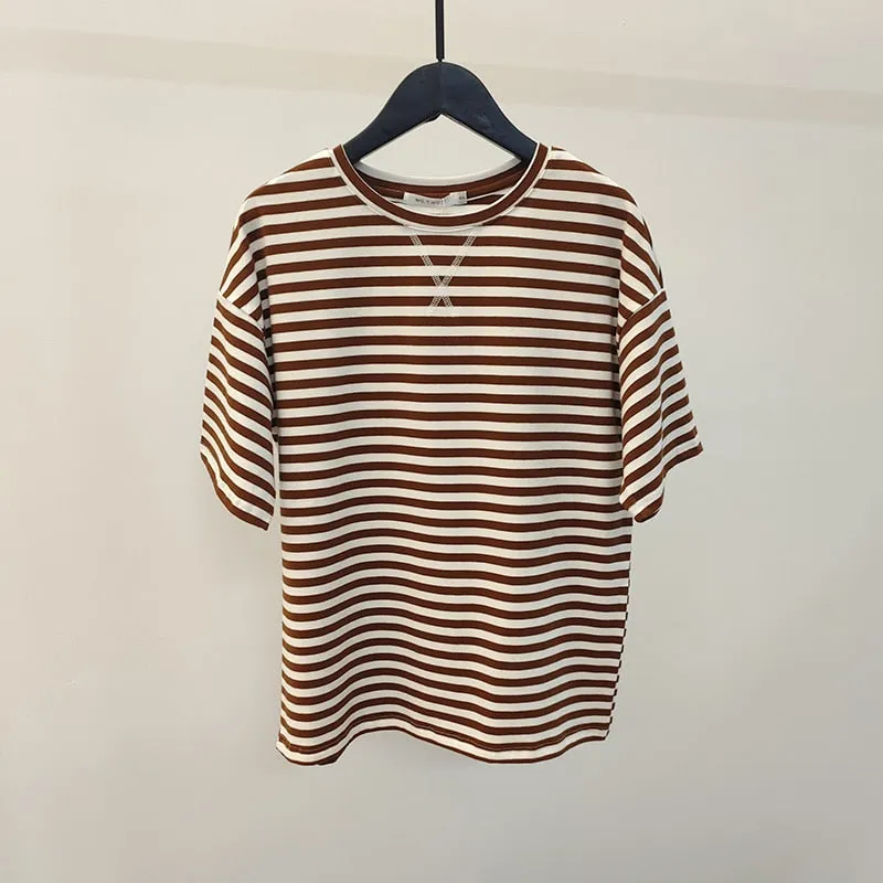 WOTWOY Summer Short Sleeve Striped T-Shirts Women Knitted Basic Casual Tops Female Cozy Loose Cotton Tees