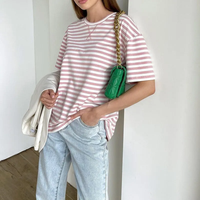 WOTWOY Summer Short Sleeve Striped T-Shirts Women Knitted Basic Casual Tops Female Cozy Loose Cotton Tees