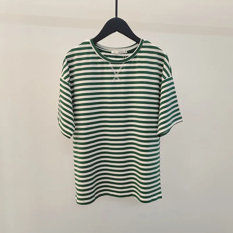 WOTWOY Summer Short Sleeve Striped T-Shirts Women Knitted Basic Casual Tops Female Cozy Loose Cotton Tees
