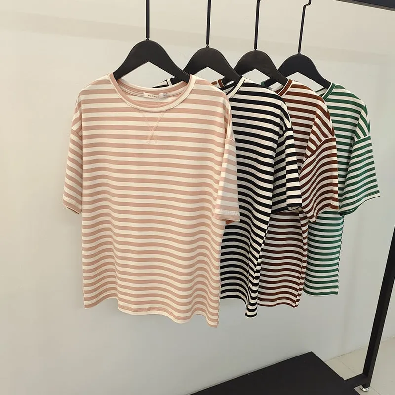 WOTWOY Summer Short Sleeve Striped T-Shirts Women Knitted Basic Casual Tops Female Cozy Loose Cotton Tees
