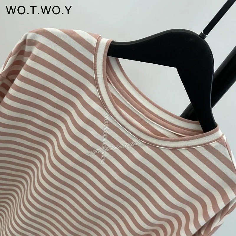 WOTWOY Summer Short Sleeve Striped T-Shirts Women Knitted Basic Casual Tops Female Cozy Loose Cotton Tees