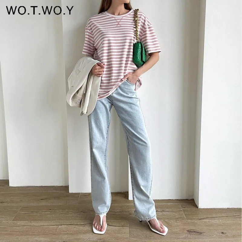 WOTWOY Summer Short Sleeve Striped T-Shirts Women Knitted Basic Casual Tops Female Cozy Loose Cotton Tees