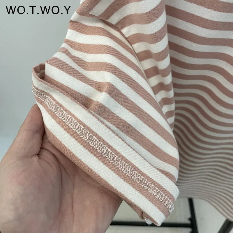 WOTWOY Summer Short Sleeve Striped T-Shirts Women Knitted Basic Casual Tops Female Cozy Loose Cotton Tees
