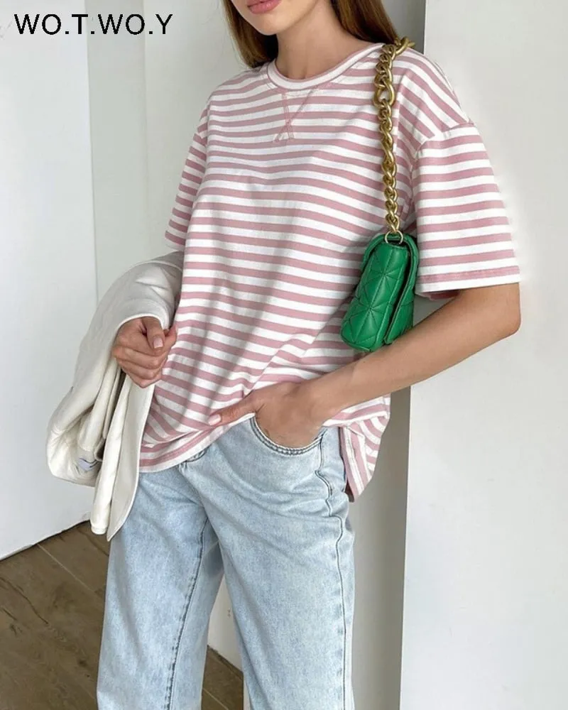 WOTWOY Summer Short Sleeve Striped T-Shirts Women Knitted Basic Casual Tops Female Cozy Loose Cotton Tees